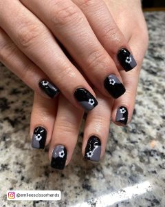 Black Square Acrylic Nails With Flowers