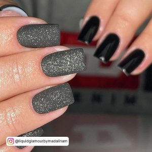 Black Square Long Nails With Glitter