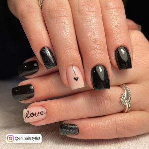 Black Square Nail Ideas With Love Written On Ring Finger