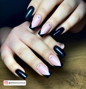 Black Square Nails Long With Diamonds