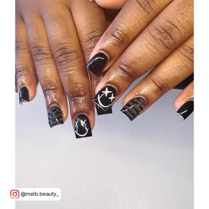 Black Square Nails Short With Design On Two Fingers