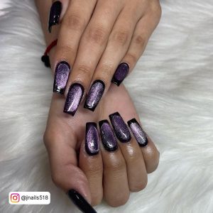 Black Square Nails With Glitter Anf Purple Combination