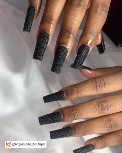 Black Square Nails With Glitter On Coffin Shape