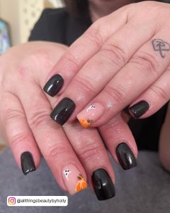 Black Square Tip Nails With Oranges