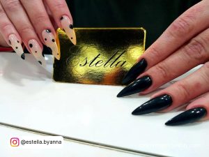 Black Stiletto Acrylic Nails With Dots