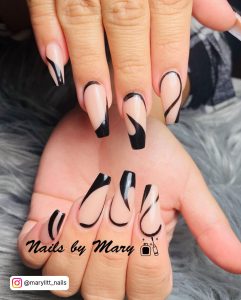 Black Swirl Nail Art In Tapered Shape