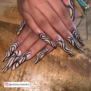 Black Swirl Nail Design For Extra Long Length