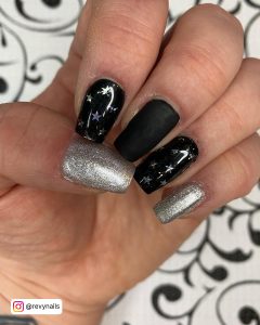 Black Tapered Square Nails With Silver Glitter
