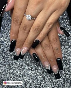 Black Tip Nails Square With Diamonds