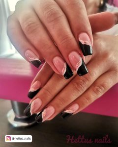 Black Tip Square Nails With Swirls