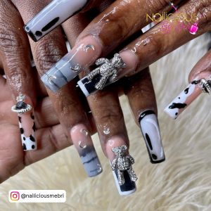 Black White And Gray Nail Art With Embellishments