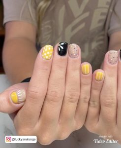 Black White And Yellow Nail Art For Short Nails