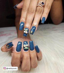 Blue Acrylic Nails Coffin With Butterfly Embellishments