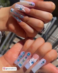 Blue Acrylic Nails Coffin With Diamonds