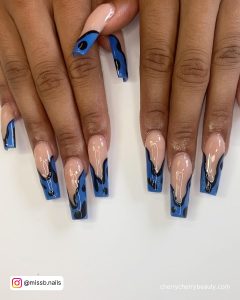 Blue And Black Acrylic Nails With French Tip Design