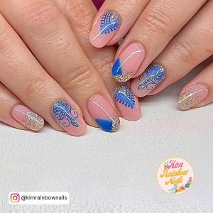 Blue And Gold Nails Short