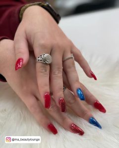 Blue And Red Nails With Glossy Finish