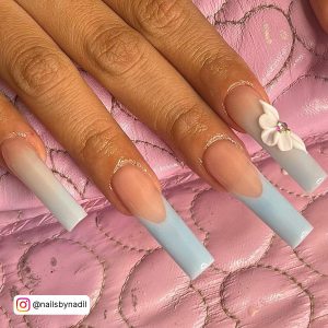 Blue And White Ombre Nails With Flowers