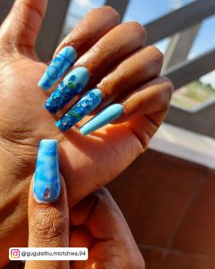Blue Coffin Acrylic Nails With Diamonds
