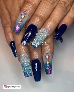 Blue Coffin Nails With Glitter And Rhinestones