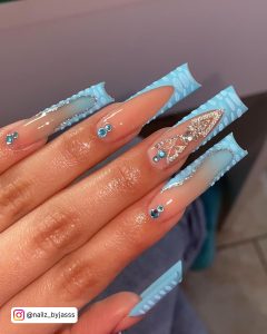 Blue French Tip Ombre Nails Woth Embellishments