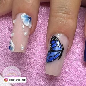 Blue Glitter Butterfly Nails