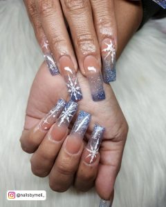 Blue Glitter Ombre Nails With Snowflakes