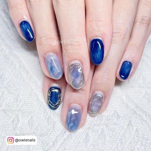 Blue Marble Nails With Gold