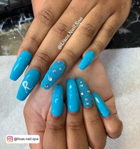 Blue Matte Nails With Diamonds