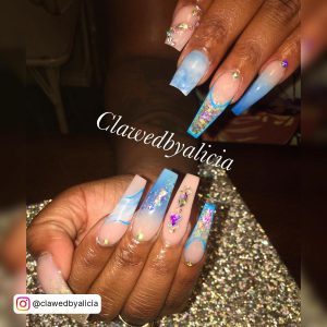 Blue Nail Designs Coffin With Rhinestones