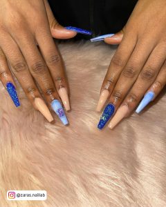 Blue Nails Coffin With Glitter And Blue Base Coat