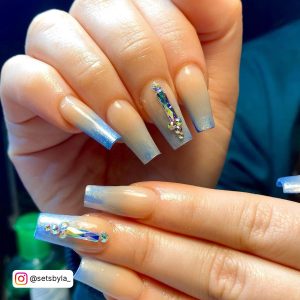Blue Ombre Dip Nails With Rhinestones