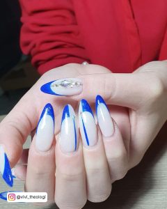 Blue Tipped Nails With Rhinestones