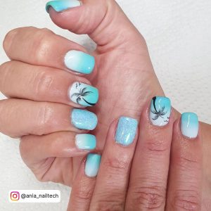 Blue White Ombre Nails With Palm Trees