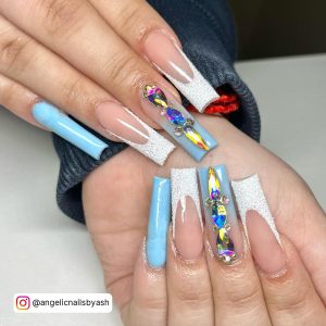 Blue White Ombre Nails With Rhinestones