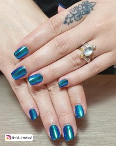 Bright Blue Nails With Chrome Effect