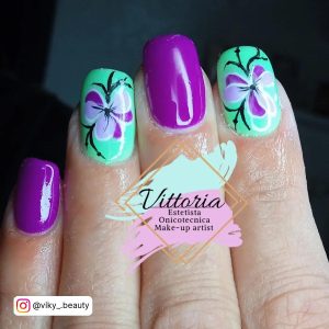 Bright Green And Purple Glitter Nails