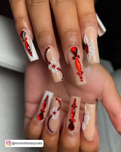 Bright Red Nails With Rhinestones