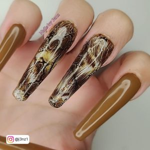 Brown And White Coffin Nails