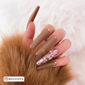Brown Coffin Nails With Glitter