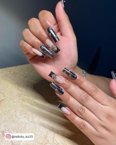 Chrome Black Nails In Coffin Shape
