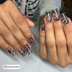 Clear Black Marble Nails In Coffin Shape
