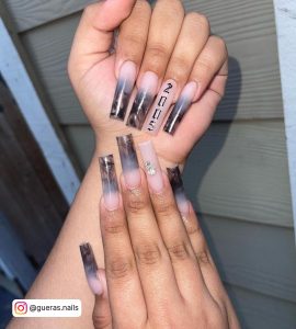 Coffin Black Marble Nails With Ombre