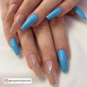 Coffin Blue Acrylic Nails With Swirls