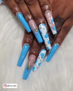 Coffin Blue And White Nails With Rhinestones