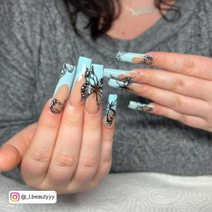 Coffin Blue Butterfly Nails