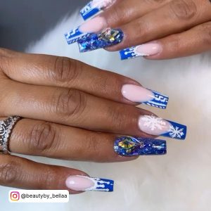Coffin Blue French Tip Nails With Rhinestones