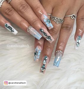Coffin Blue Nail Designs With Rhinestones
