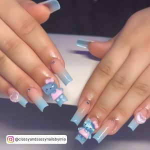 Coffin Blue Ombre Nails With Embellishments