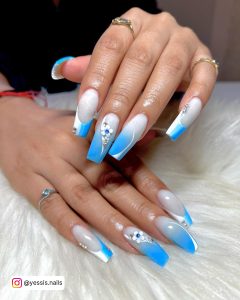 Coffin Blue Ombre Nails With Flowers